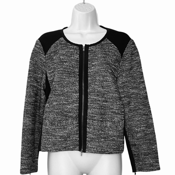 Eileen Fisher System Black & White Tweed Moto-Style Jacket. Size M. - Picture 3 of 12